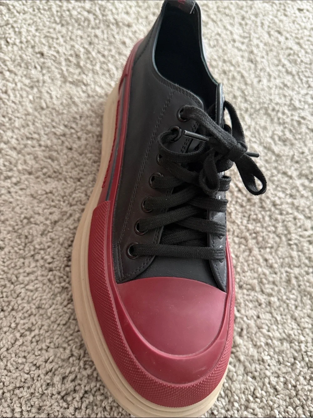 Alexander McQueen Black Leather Sneakers with Red Trim and Cream Platform